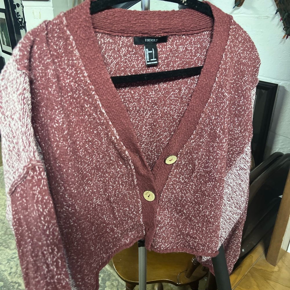 Forever 21 Cropped Marled Rust V-Neck Button Cardigan Sweater